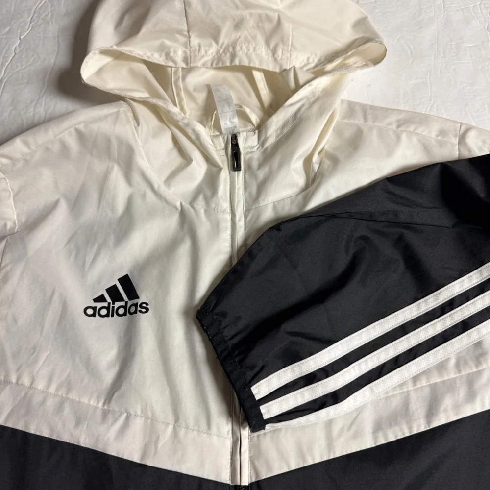 Adidas Mens Windbreaker Jacket Black White Colorblock Hooded Mesh Lined Large